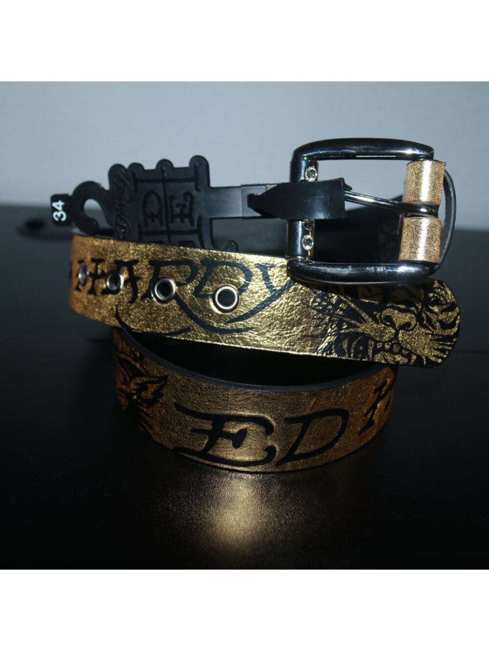 NWT Ed Hardy Unisex Graphic Y2K Leather Belt Gold Black Gold-Tone Size 34